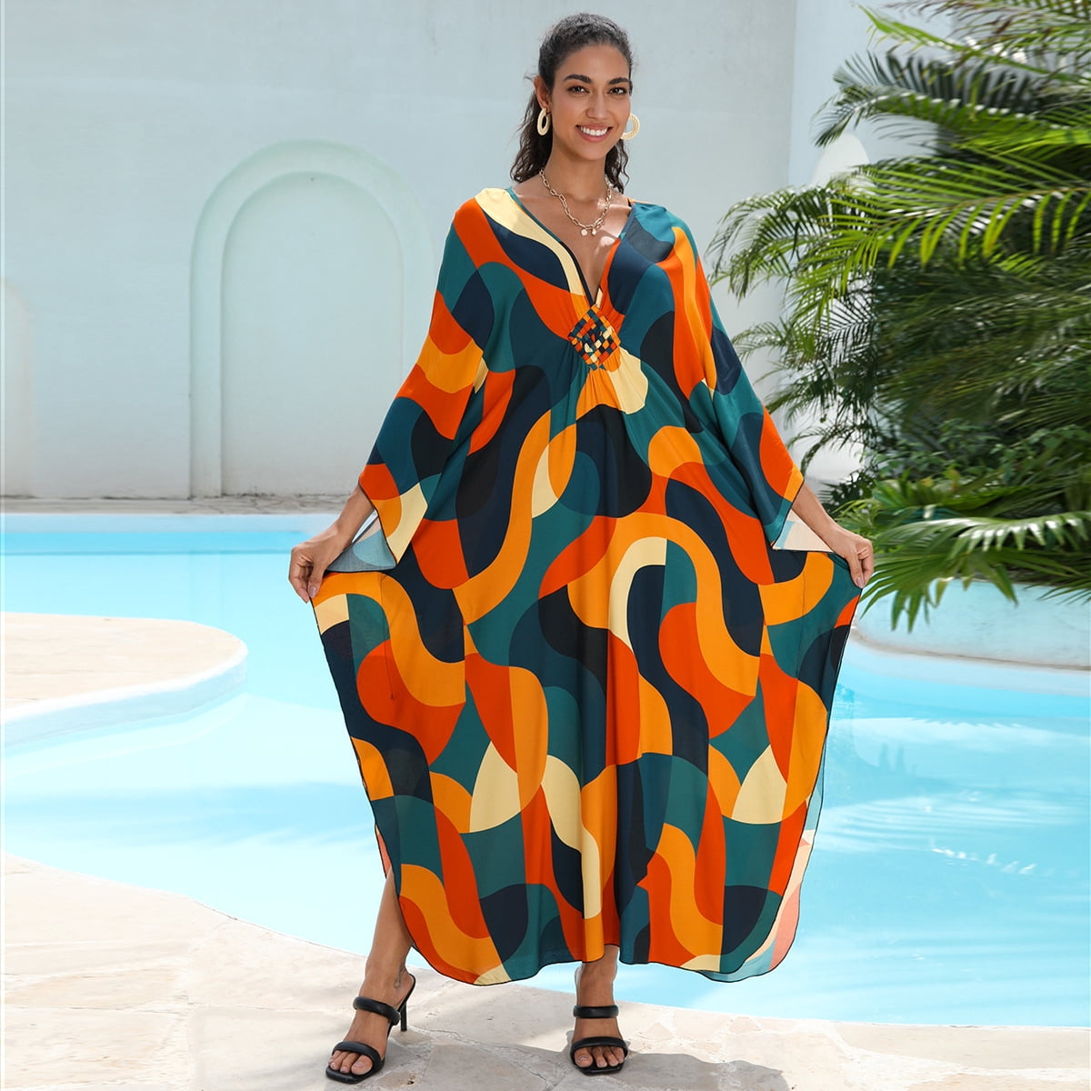 Women's Plus Size Kaftan Dress – Plus Size Maxi Dress Moo Moos Beach Cover Up,Bathing Suit Cover-Up Loungewear