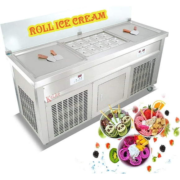 Kolice Commercial Fried Ice Cream Roll Machine,Roll Ice cream Machine-ETL, Double 21" x 21" Square Pans,Smart Temperature Control,Transparent Sneeze Guard,10 Refrigerated Buckets