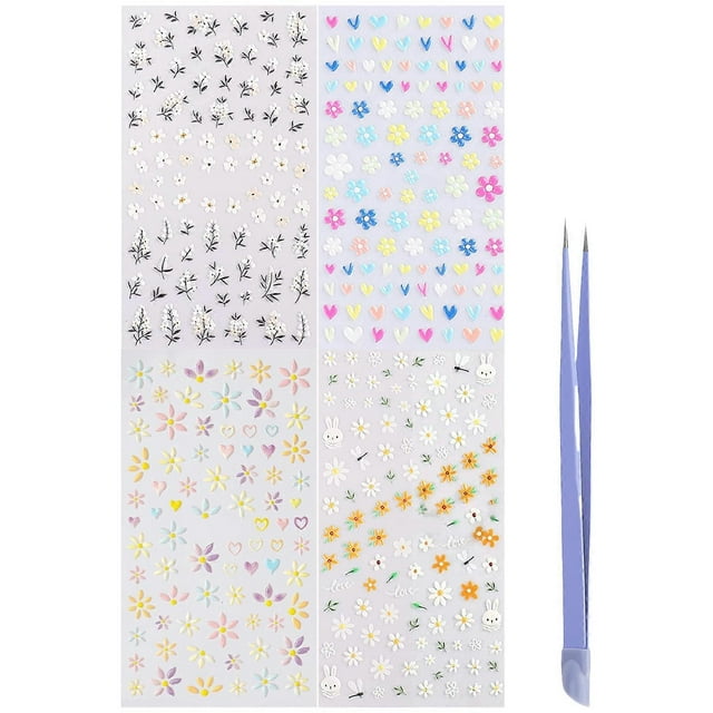 4 Sheets 5D Flower Nail Stickers Nail Decals Nails Art Decorations Flower Nails Art Stickers with Tweezer for Women Girl