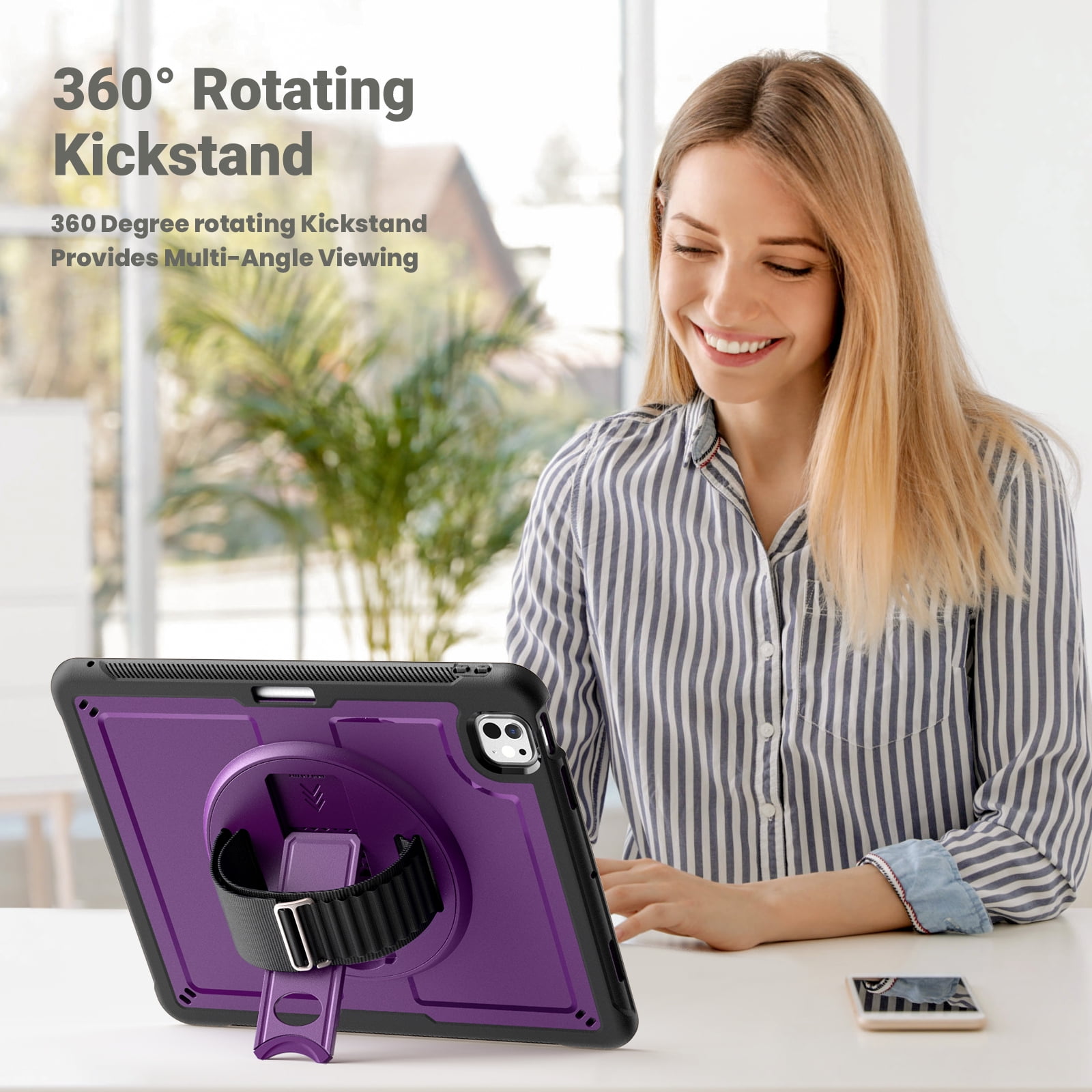ELEHOLD Case for Apple iPad Pro 13 2024,Soft TPU Rugged Durable Case with 360° Rotating Hand Strap & Foldable Hidden Stand & Pencil Holder,Purple