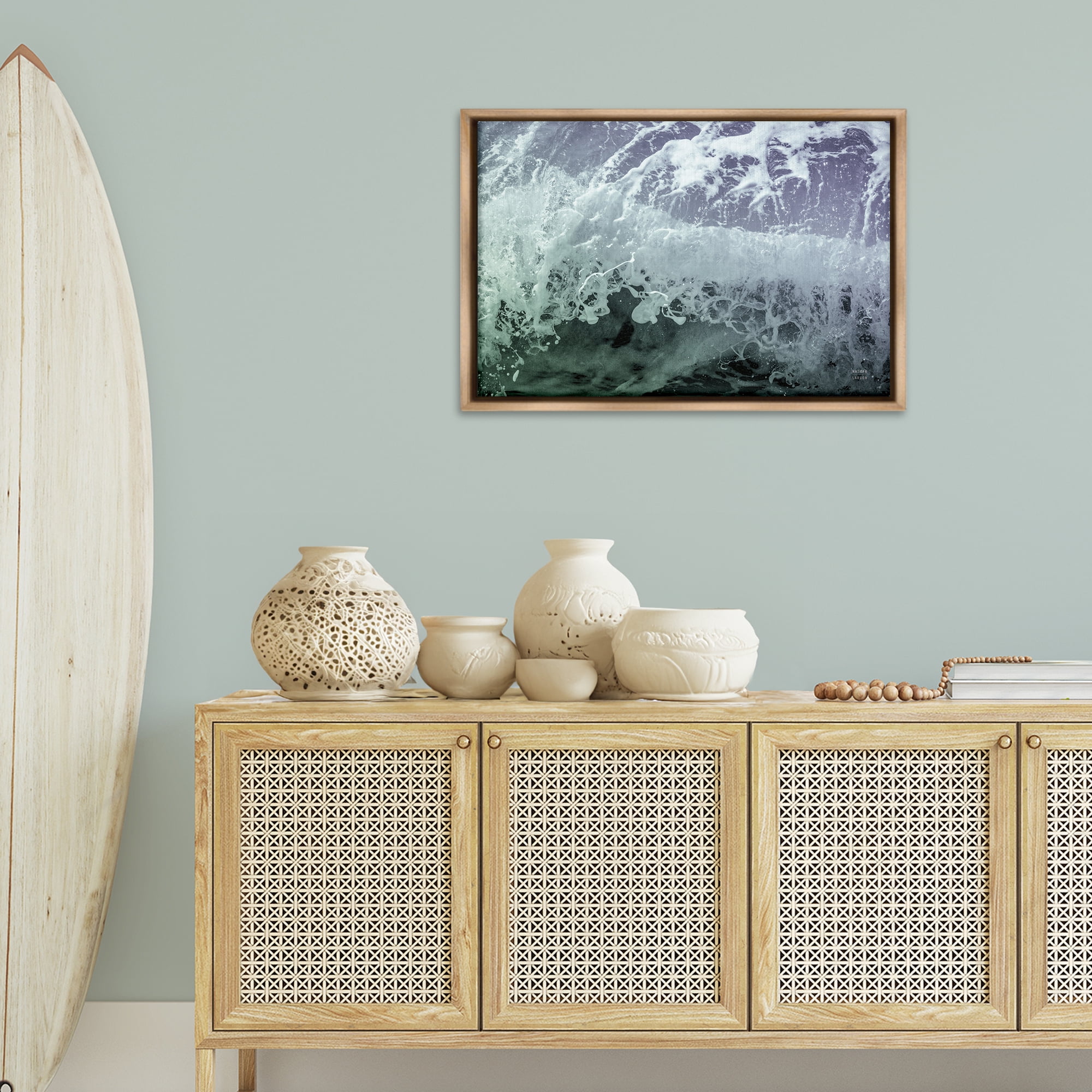Stupell Industries Splashing Blue Waves Landscape Photography Brown Floater Framed Canvas Art Print Wall Art, 31 x 21
