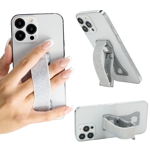 LOVEHANDLE PRO Premium Phone Grip - Correa elástica para teléfono - Soporte magnético para teléfono inteligente y tableta - Brillo plateado