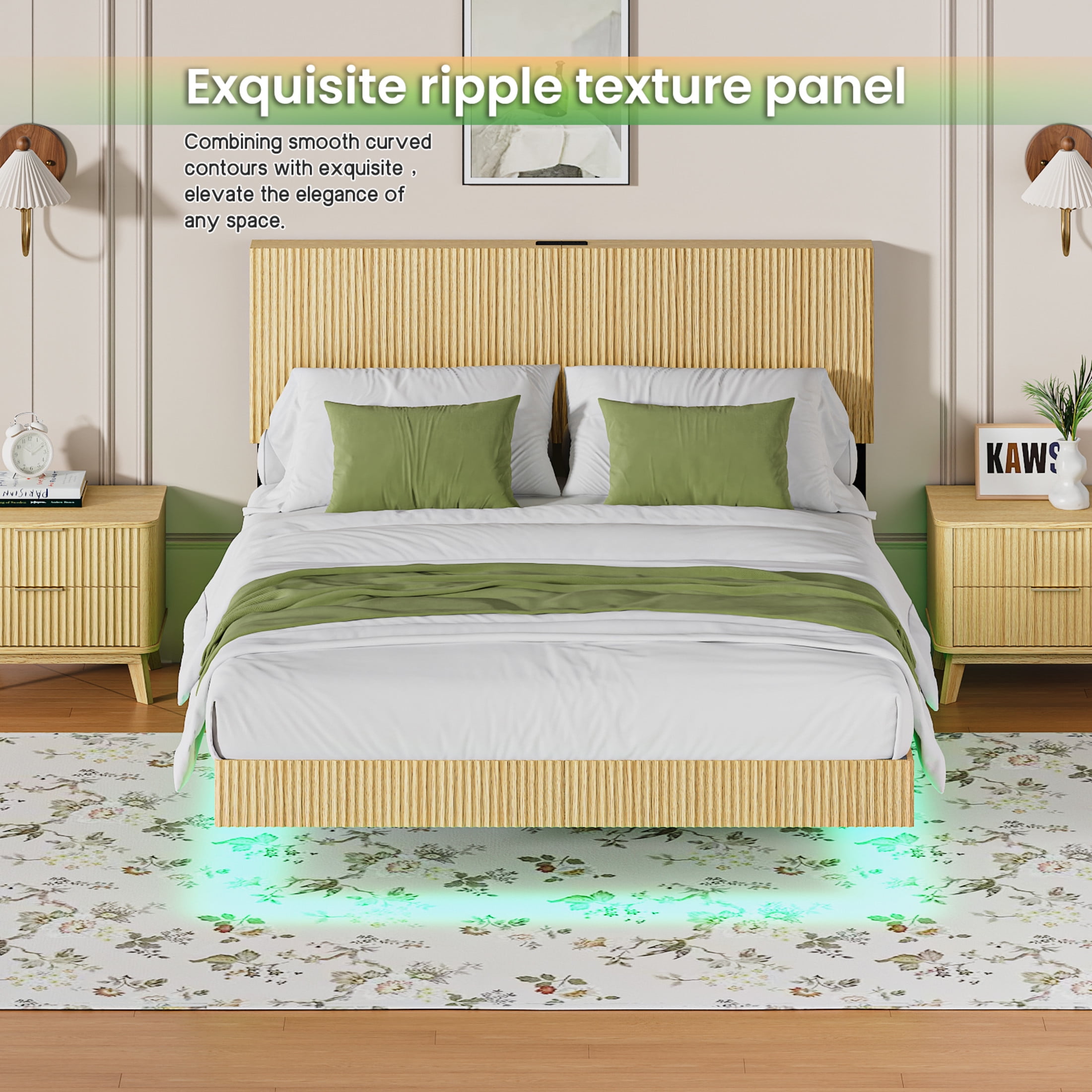 Noble House Modern Queen Floating Bed Frame with Charging Station, LED Lights & Wavy Headboard, Oak
