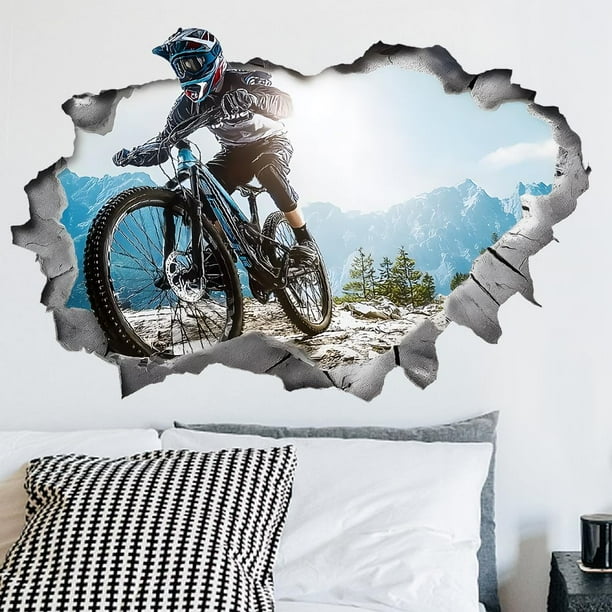 Calcomanías de pared 3D de motocross para bicicleta, pegatinas de pared de bicicleta de montaña, murales artísticos que rompen las paredes, pegatinas adhesivas despegables y pegables.