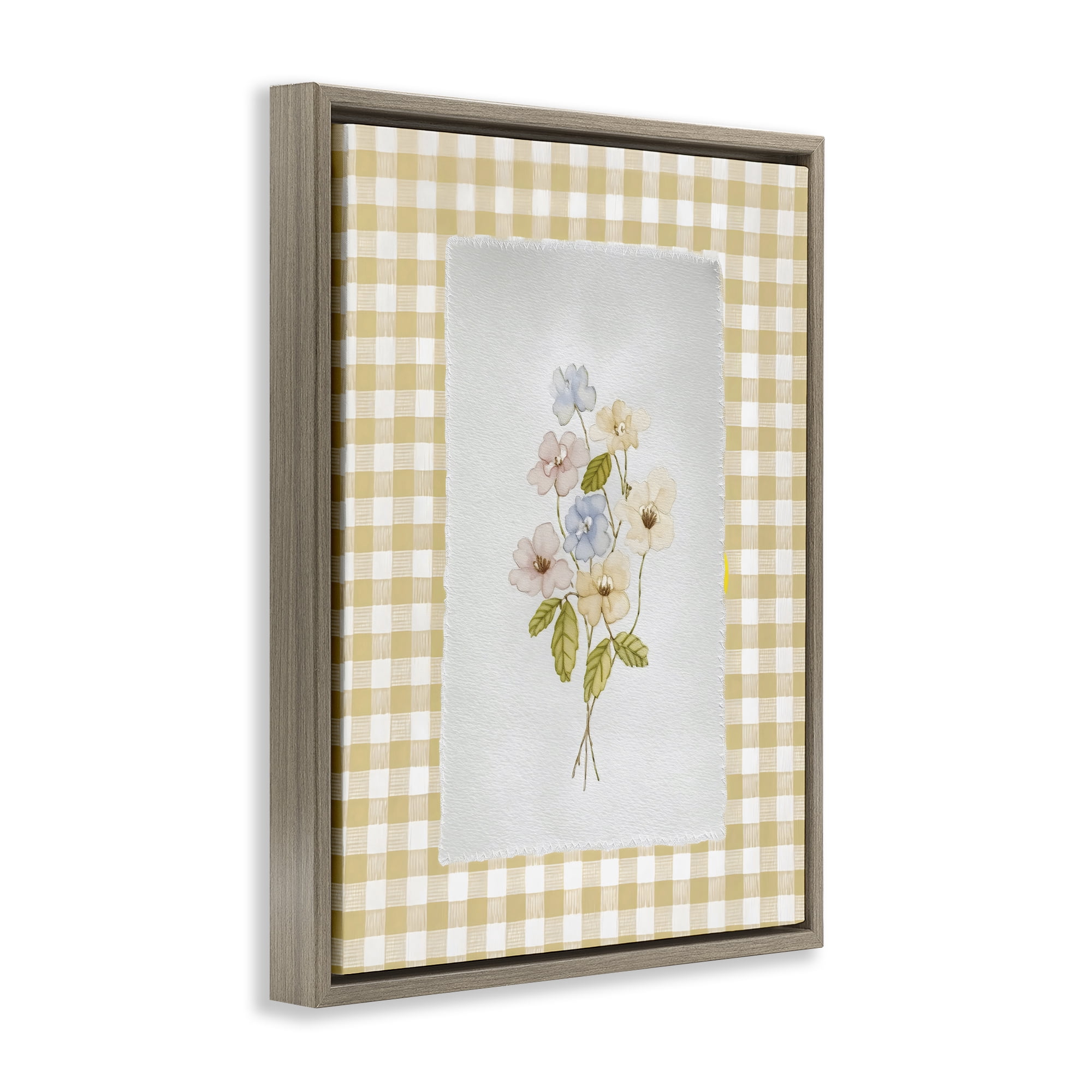 Stupell Industries Soft Gingham Flowers Brown Framed Floater Canvas Wall Art, design by Arlington Prints