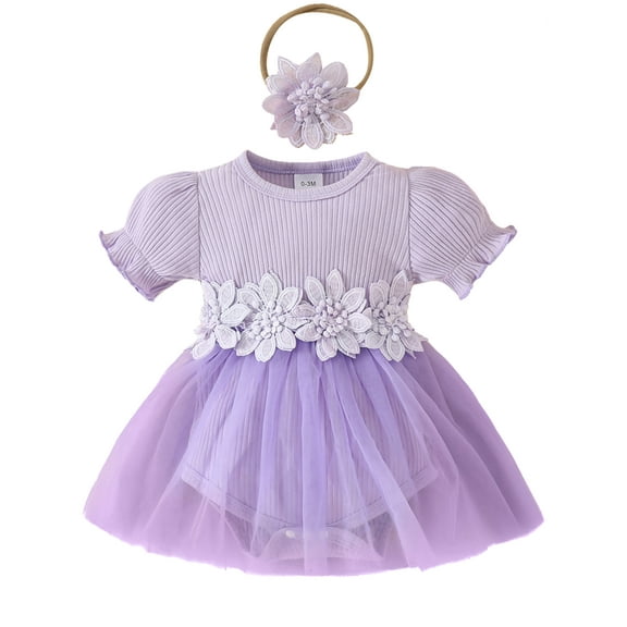 ENFLASH Newborn Baby Girls Summer Romper Dress Infant Flower Embroidery Mesh Tulle Skirt Hem Ribbed Jumpsuit and Headband
