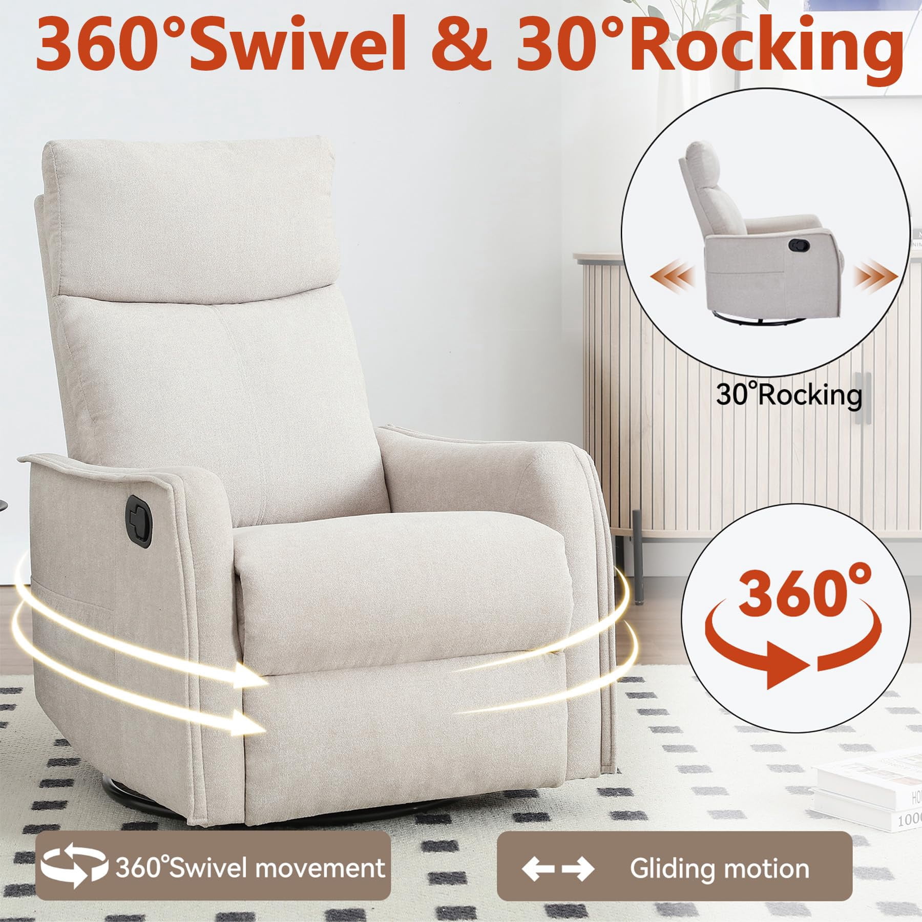 CARZZI Massage Chair Recliner with Heat, Swivel Rocking Chair Recliner with High Back, Manual Lazy Boy Recliners for Adults,Small Recliner Chair for Small Spaces, Living Room Bedroom, Fabric (beige)