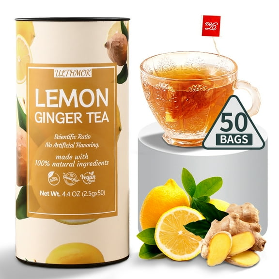ULTHMOK Lemon Ginger Tea Bags 50 Counts/ 2.5g, Made with 100% Natural Lemon & Ginger Root, No Additive & Caffeine Free.