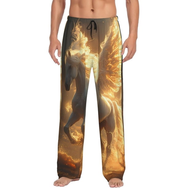Fotbe Golden Winged White Horse Pantalones de Pijama para Hombre, Pantalones de Dormir, Pantalones de Casa con Cintura Ajustable y Bolsillos-Medium
