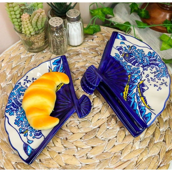 Ebros Set Of 4 Japan Hokusai The Great Wave Oriental Fan Shaped Appetizer Plates