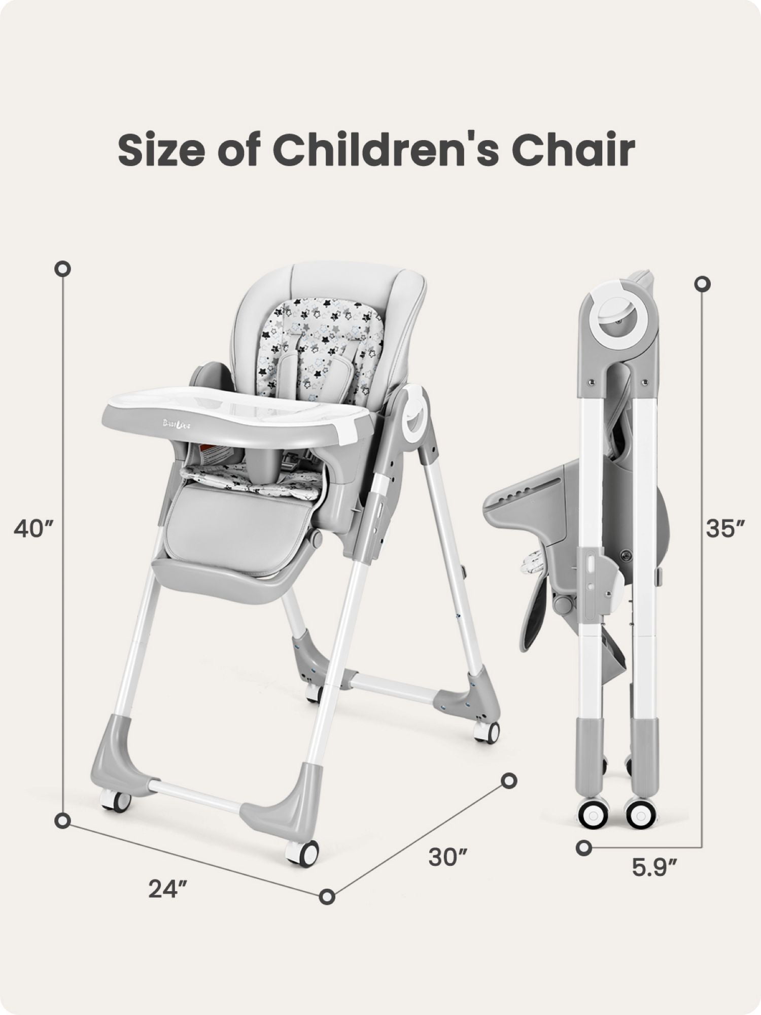 Babilous Foldable High Chair with Soft Cushion, High Chairs for Babies and Toddlers, Height Adjustable Feeding Chair, Adjustable Backrest and Footrest, Lockable Wheels, Gray