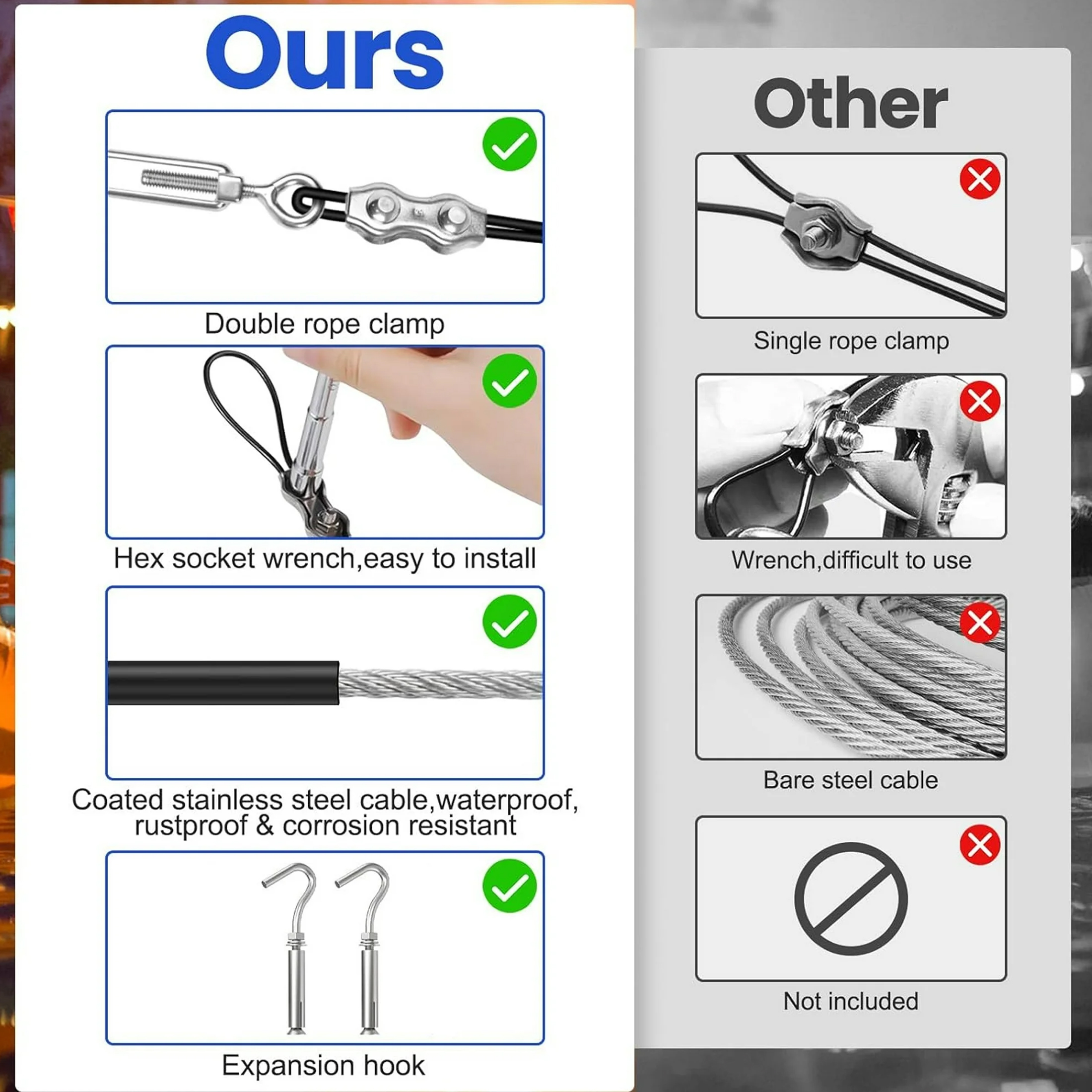 String Lights Hanging Kit, 300ft Nylon-Coated Stainless Steel Wire Rope Cable, Turnbuckle and Hooks