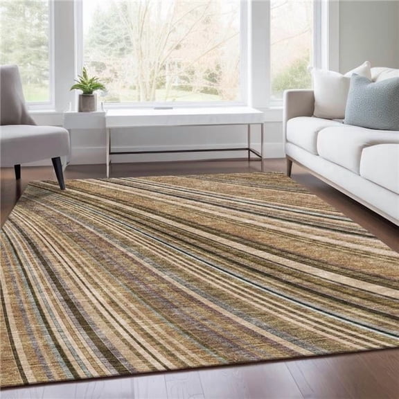 HomeRoots 677511 8 x 10 ft. Taupe Brown & Beige Striped Washable Machine Made Rectangle Area Rug with UV Protection