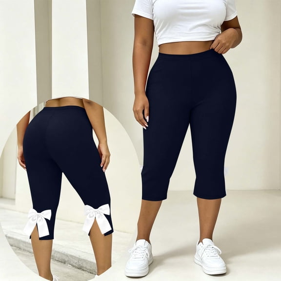 Noric Women's Plus Size Bow Tie Cuff Capri Leggings High Waist Stretchy Yoga Pants Side Split Casual Workout Cropped Tights