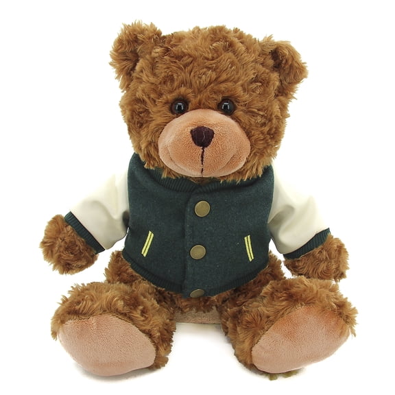 Plushland Stuffed Animal Classic Mocha Bear 11" with Varsity Jacket, Plush Bear Toy for Kids & Adults with Cute Outfits