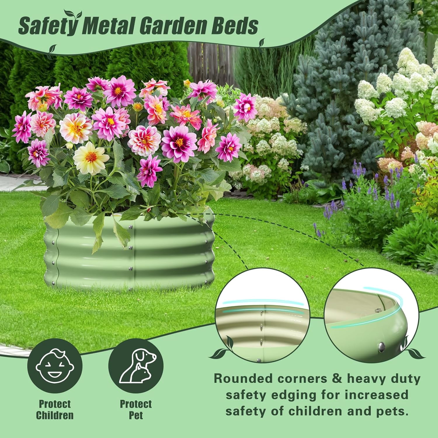 3 Pcs 24x24x12in Round Galvanized Raised Garden Bed Kit with 47"H Tomato Cages, Outdoor Metal Planter Box Raised Garden Beds for Gardening Vegetables Flowers, Green