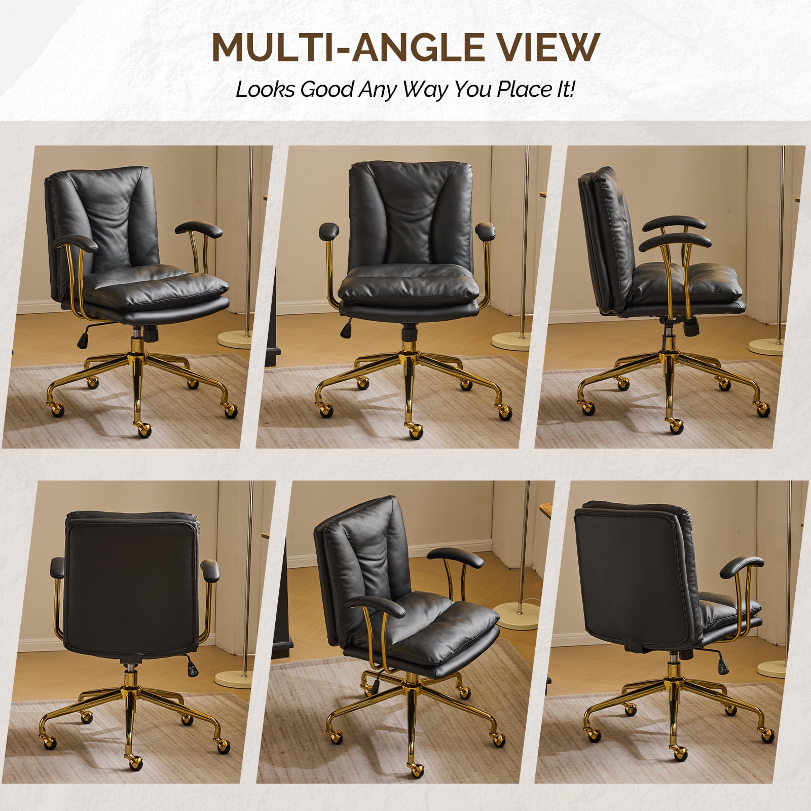 Ktaxon Office Chair High Back Study Chair PU Leather Adjustable Swivel Vanity Chair with Padded Armrests for Conference and Home Black