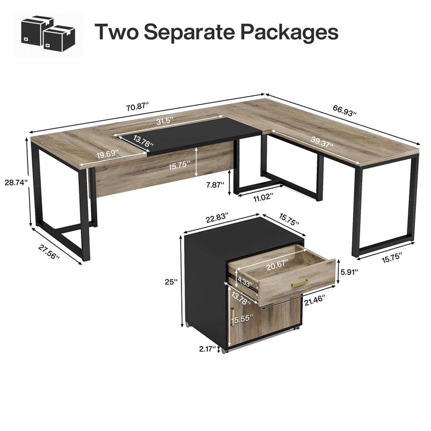 Demi Bonn Modern L Shaped Gaming Desk, 71" Executive Desk with Mobile Lateral File Cabinet for Home Office, Gray