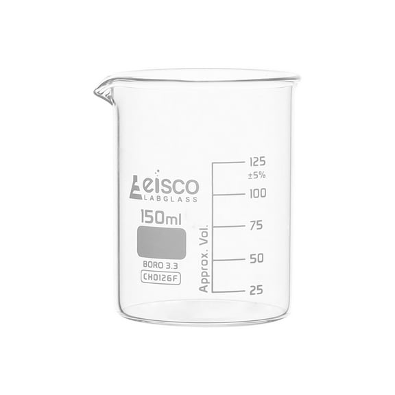 Beaker, 150ml - Low Form with Spout - White, 25ml Graduations - Borosilicate 3.3 Glass - Eisco Labs