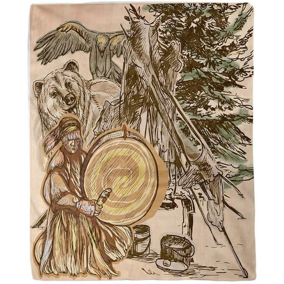 HTOOQ 60x80 Inches Throw Blanket Shaman Native Man Drum Drummer Sitting in The Forest Warm Cozy Print Flannel Home Decor Comfortable Blanket for Couch Sofa Bed Color 12 60"Wx80"L
