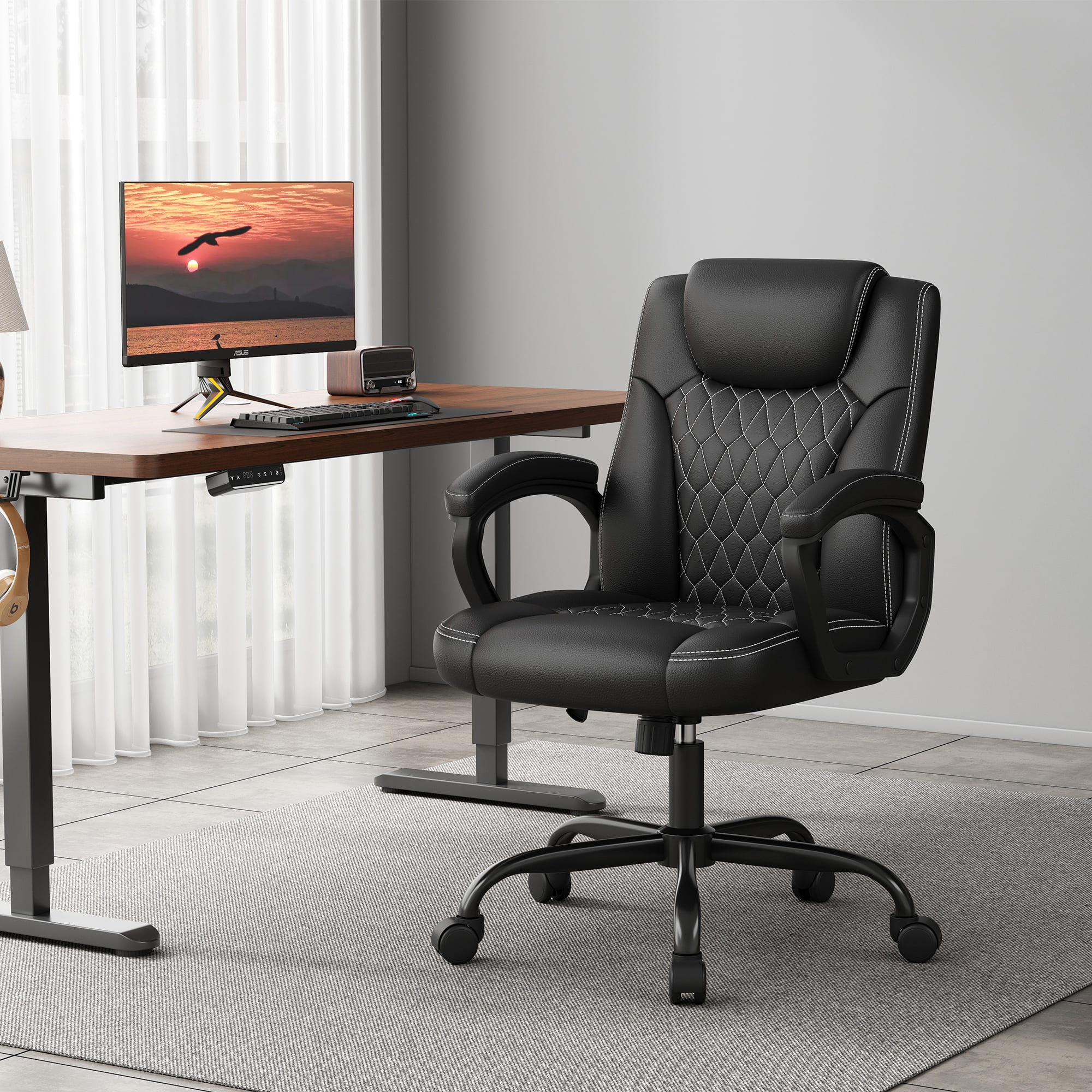Misolant Office Chair, Executive Desk Chair, PU Leather Comfortable Executive Chairs with Fixed Armrest, Adjustable Height, Rocking Function, 360° Swivel Wheels