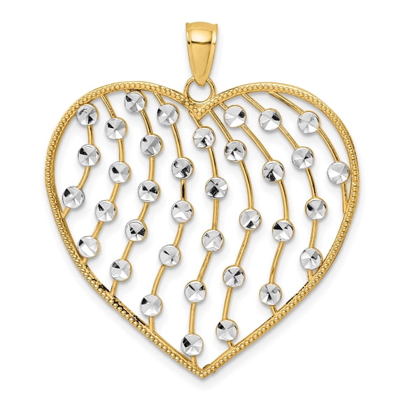 14k Yellow Gold Diamond-Cut Heart Pendant Charm, 37.2 mm Polished Filigree