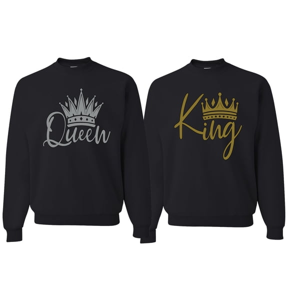 Wild Bobby, King Queen Valentines Day Outfit His and Hers Matching Couples Crewneck Sweatshirts, Black, Mens S-Womens S