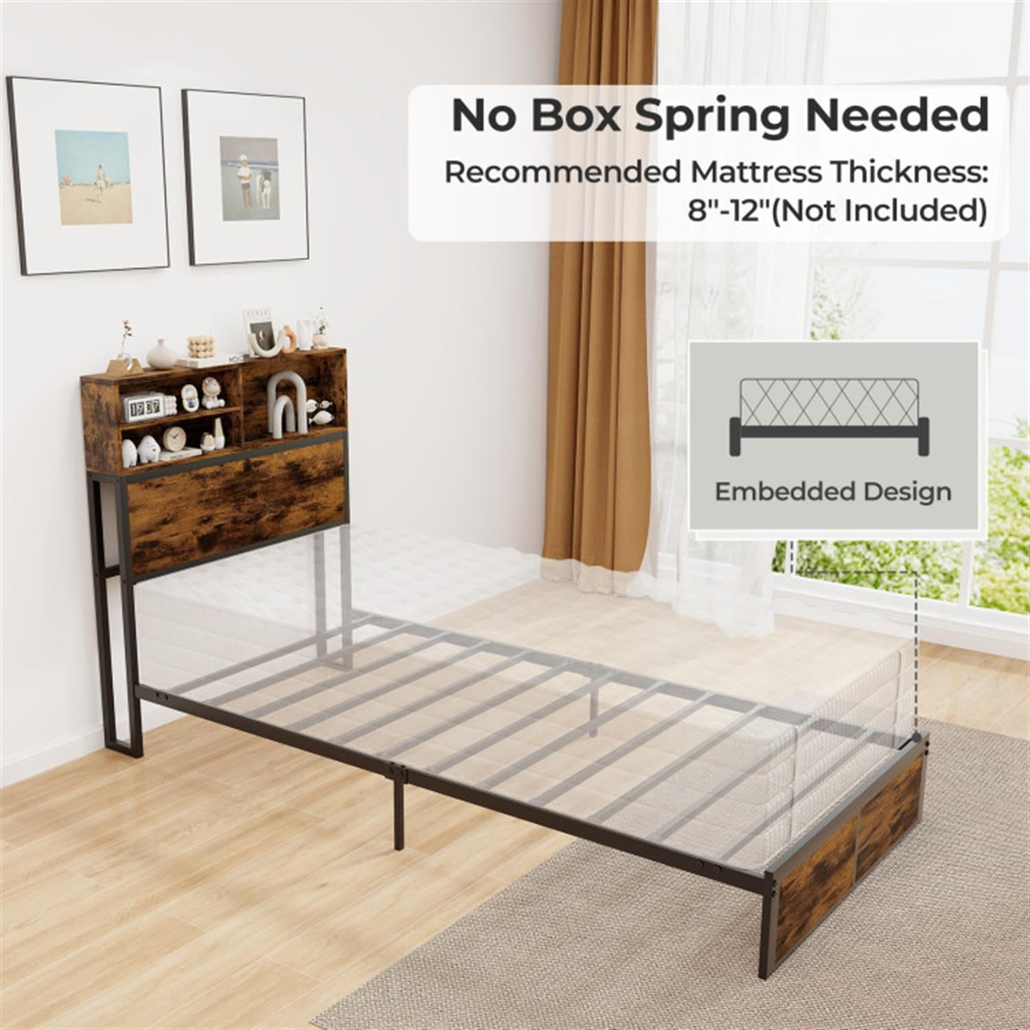 Demi Bonn Twin Size Bed Frame with Wooden Headboard and Footboard, Industrial Metal Platform Bed Frame with Under Bed Storage, No Box Spring Needed, Brown