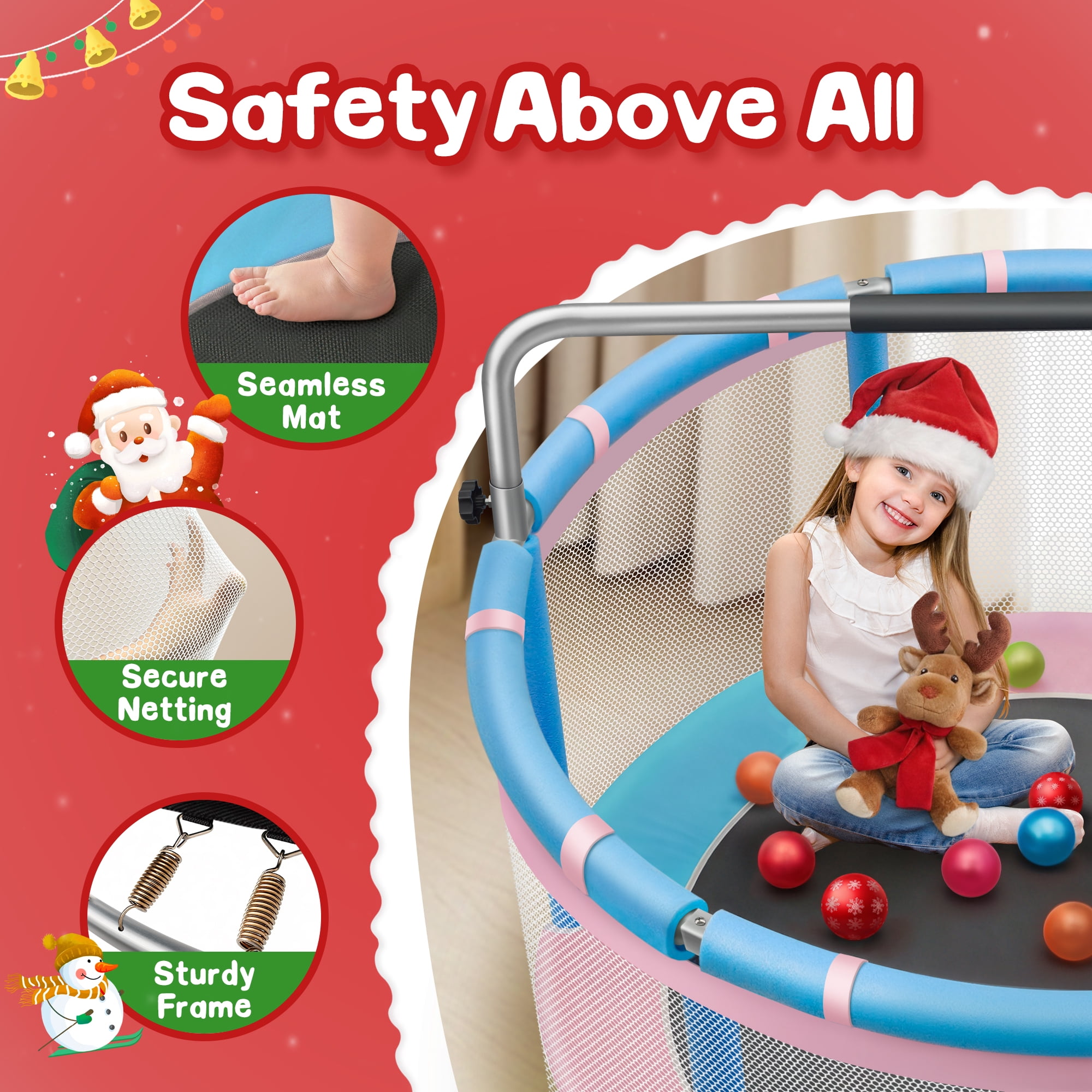 SERAY 55-65" Kids Trampoline with Safety Enclosure & Mini Balls, Indoor/Outdoor Fun for Toddlers, Durable, Quiet, and Safe Bouncing Toy for Boys and Girls