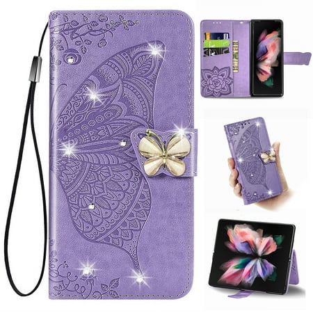 K-Lion for Samsung Galaxy S7 Folio Flip Case, Luxury Bling Butterfly Embossed PU Leather Wallet Case Stand Card Holder Slots Shockproof Glossy Phone Cover with Wrist Strap ,Lightpurple