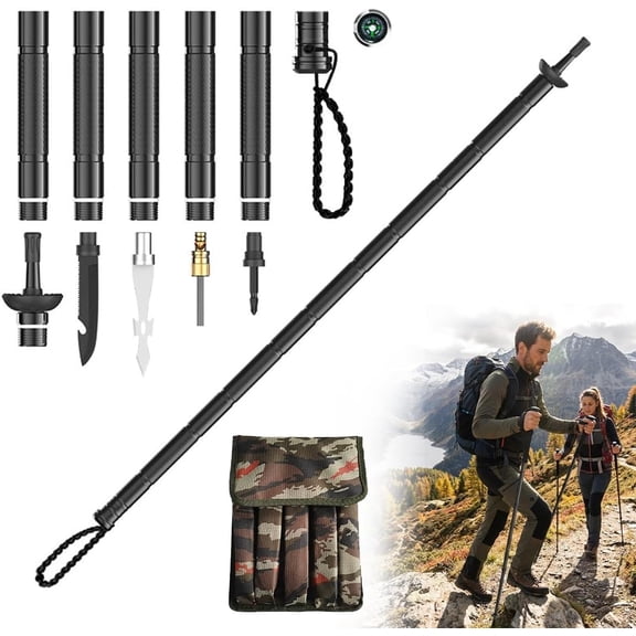 Collapsible Hiking Trekking Pole with 7 Tools – Adjustable Aluminum Walking Staff, Portable Multi-Functional Trekking Pole for Backpacking, Camping, Hiking & Nature Trails