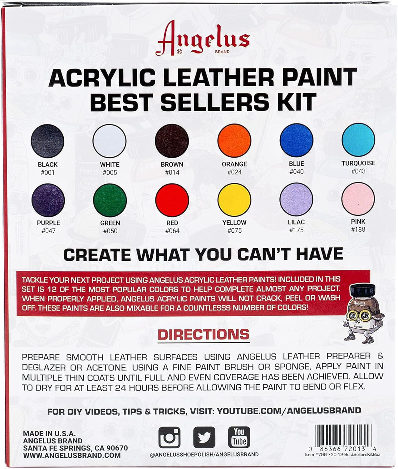 Angelus Acrylic Leather Paint,  Sellers Kit, Flexible Paint For Shoes, Sneakers, Leather, Canvas, Furniture, and More - 12 Colors (1 oz Each)