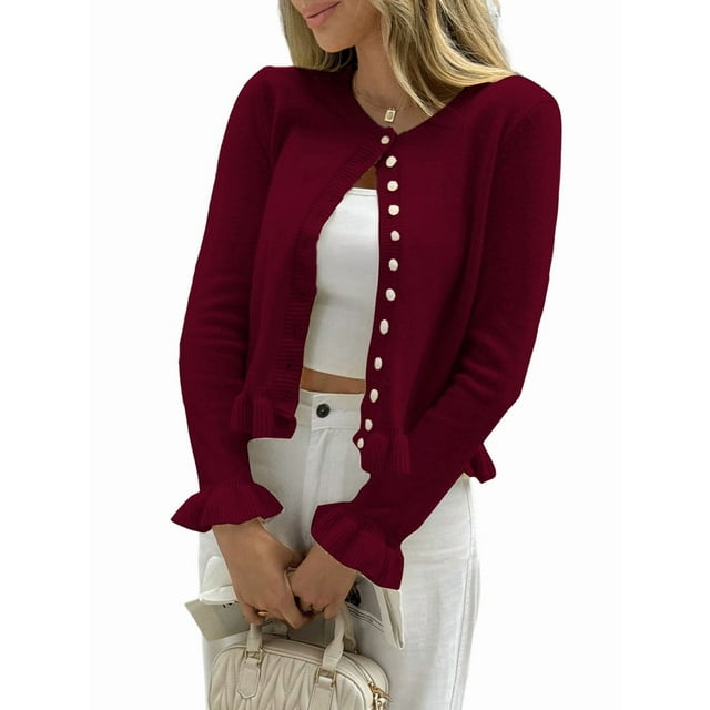 Cardigans pour Femmes à Boutons, Chandails Légers à Manches Longues, Col Ras du Cou, Tricot d'Été, Ouverture devant, Hauts, Rouge Vin, TG