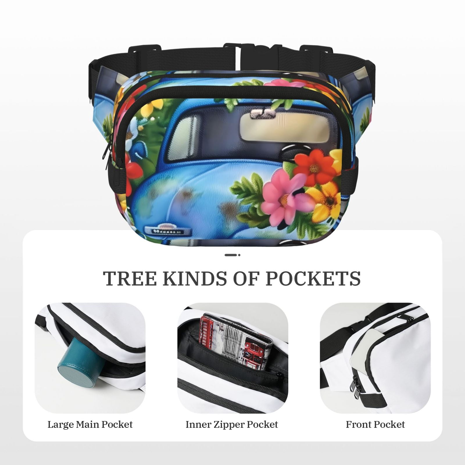 Fuzoiu Floral Truck Welcome Print Unisex Square Double Layer Waist Bag,Crossbody Fanny Pack Travel Workout Accessory