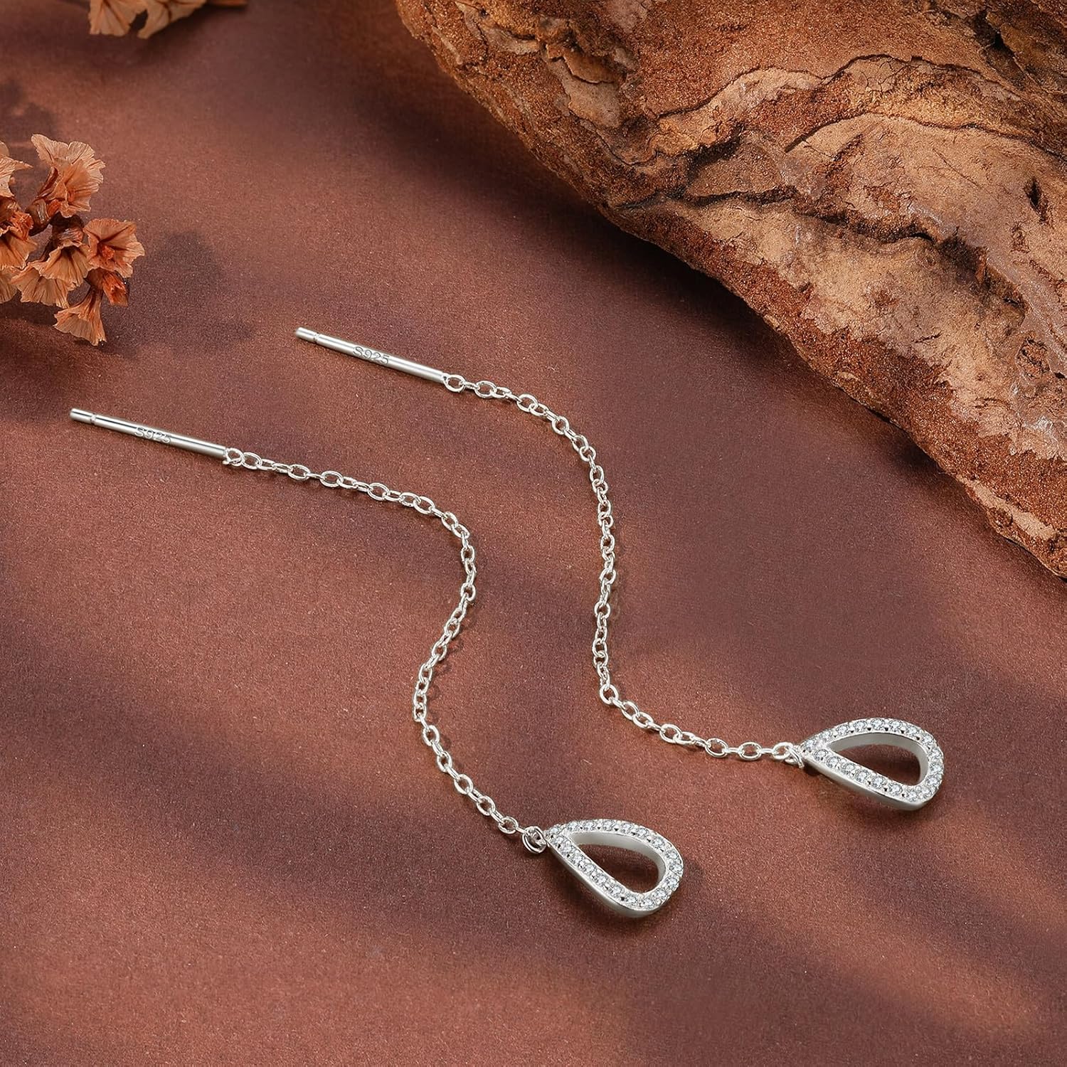 Sterling Silver Threader Earrings for Women Hypoallergenic S925 Dainty Long Chain Ear Line with Cubic Zirconia Elegant Dangle Tassel Earrings Heart Earrings Graduation Gifts