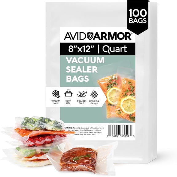 Avid Armor 8"x12" Vacuum Sealer Bags, 100 Count Quart Vacuum Seal Bags for Food, Pre-Cut Food Saver Bags for Sealer, BPA-Free Freezer & Sous Vide Safe