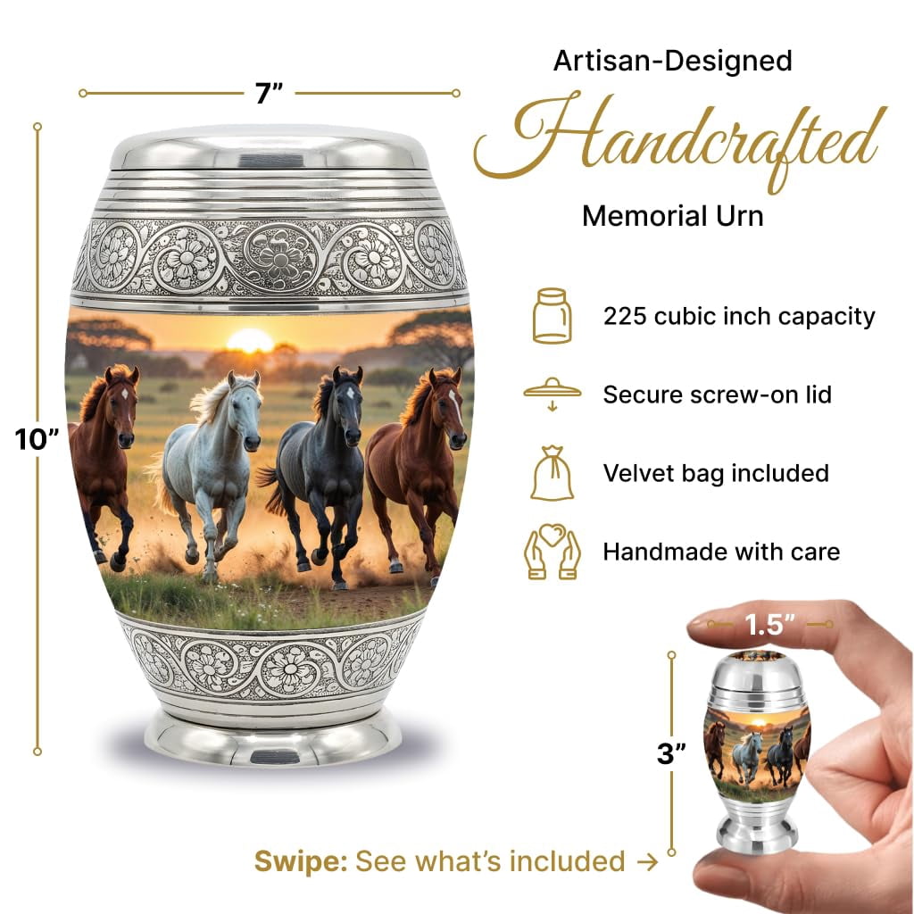Set of 6 Cremation Urns for Human Ashes Includes 1 Large Urn with 4 Small Keepsakes & 1 Silver Necklace - Horse
