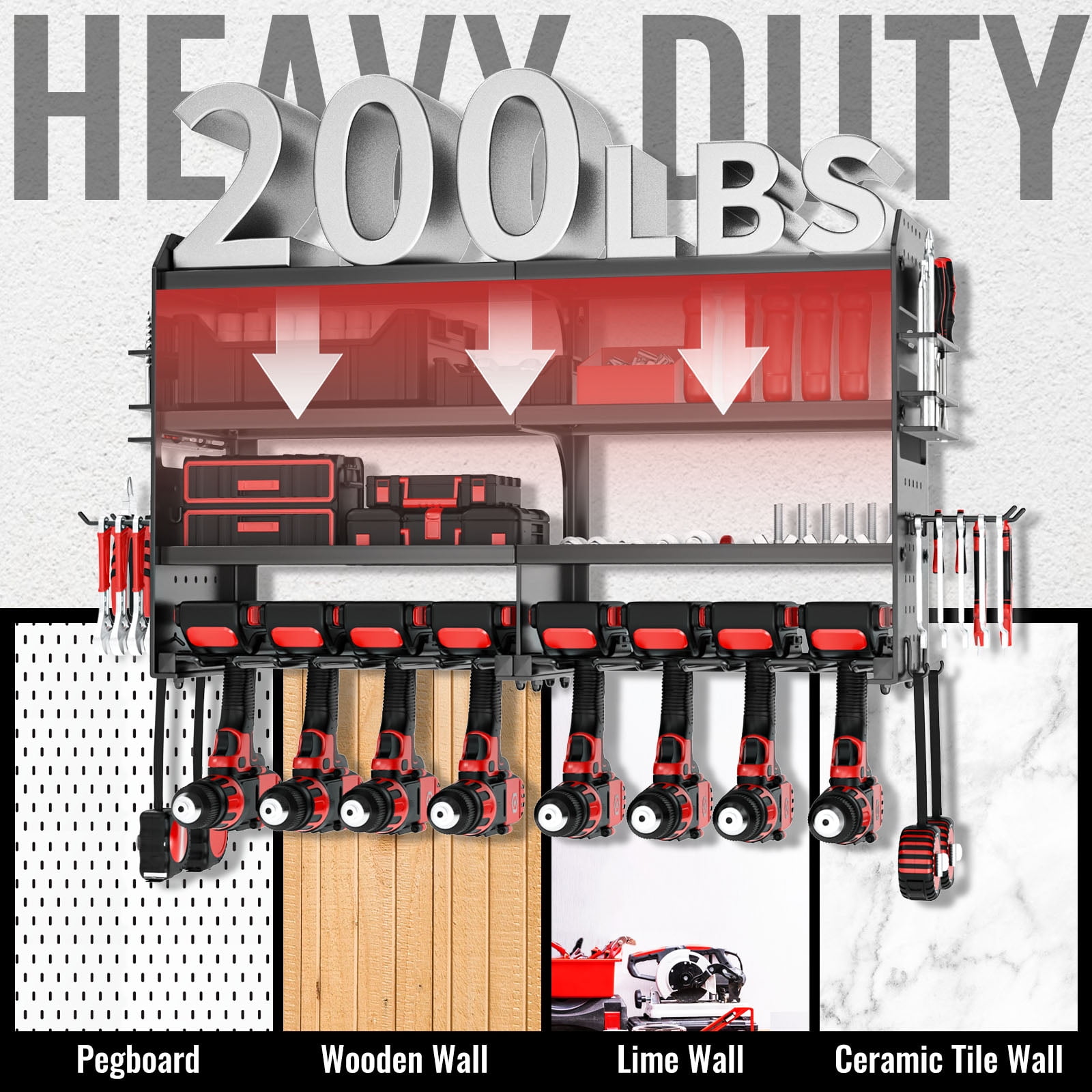 VeyFolzin.st Power Tool Organizer Wall Mount, Metal 4 Layer Heavy Duty Metal Power Tool Storage Rack, Garage Drills Storage Shelves with Screwdriver Holder Plier Holder