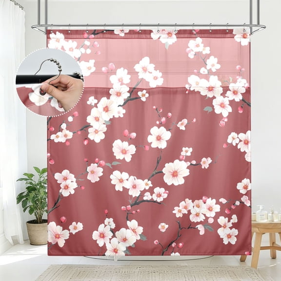 BZSMCE Plum Blossom Pattern Pattern Bathroom Shower Curtain Set with Hooks Waterproof Double Layer Fabric 72×78 Inch