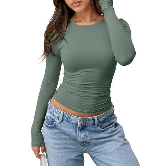 Women’s Long Sleeve Ruched Crew Neck Slim Fit T-Shirt – Casual Elegant Fitted Top for Daily Wear Layering