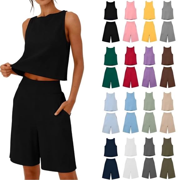 Tqcoqu Women's 2 Piece Summer Outfits Sleeveless Crop Tank Top and High Waist Shorts Loose Sets with Pockets,Army Green,Women's S-XXXL