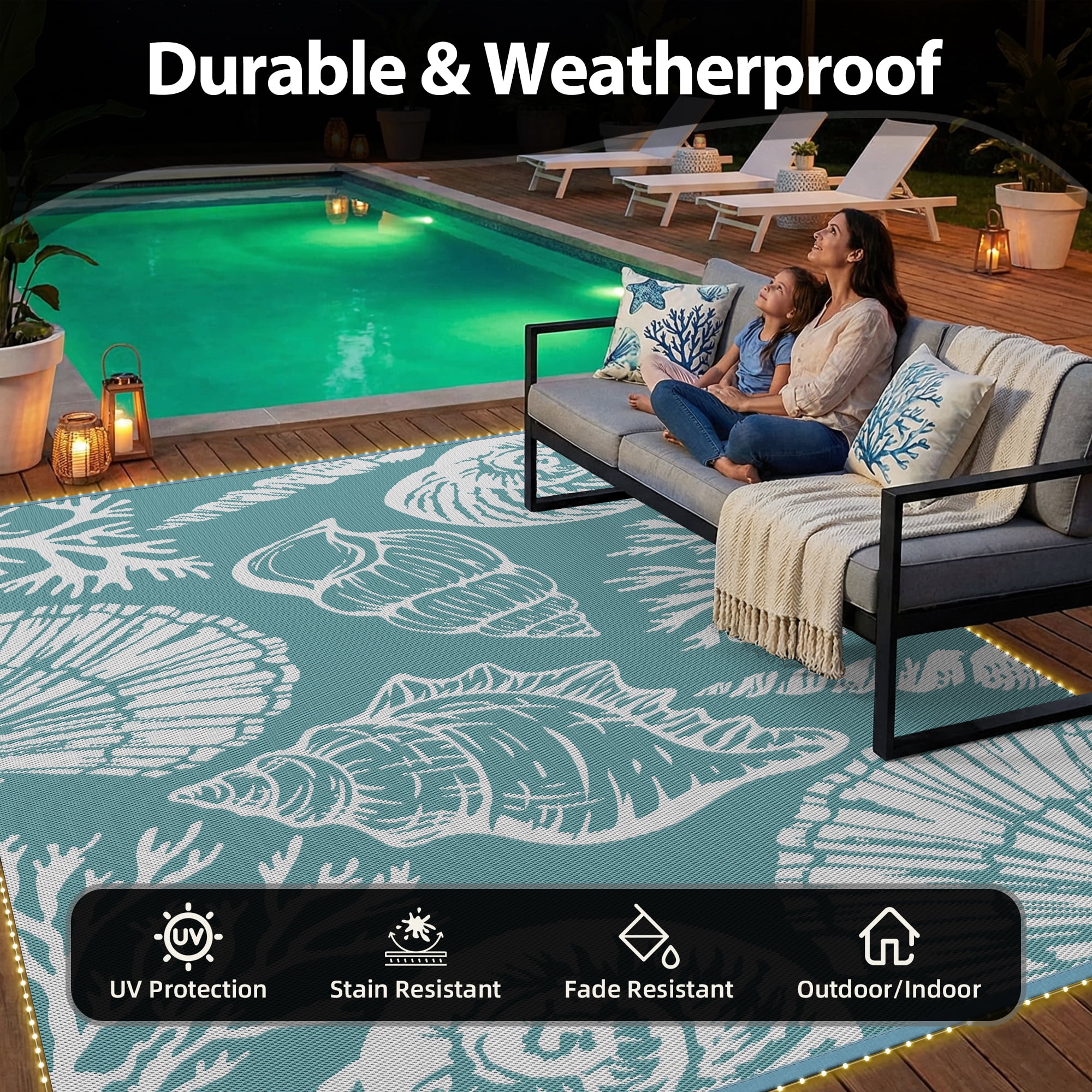 SIXHOME 8'x10' Waterproof Reversible Outdoor Rug with LED Strip Lights, Coastal Ocean-Inspired Patio Rug, Lightweight Woven Plastic Carpet for RV, Camping, Deck & Balcony, Teal
