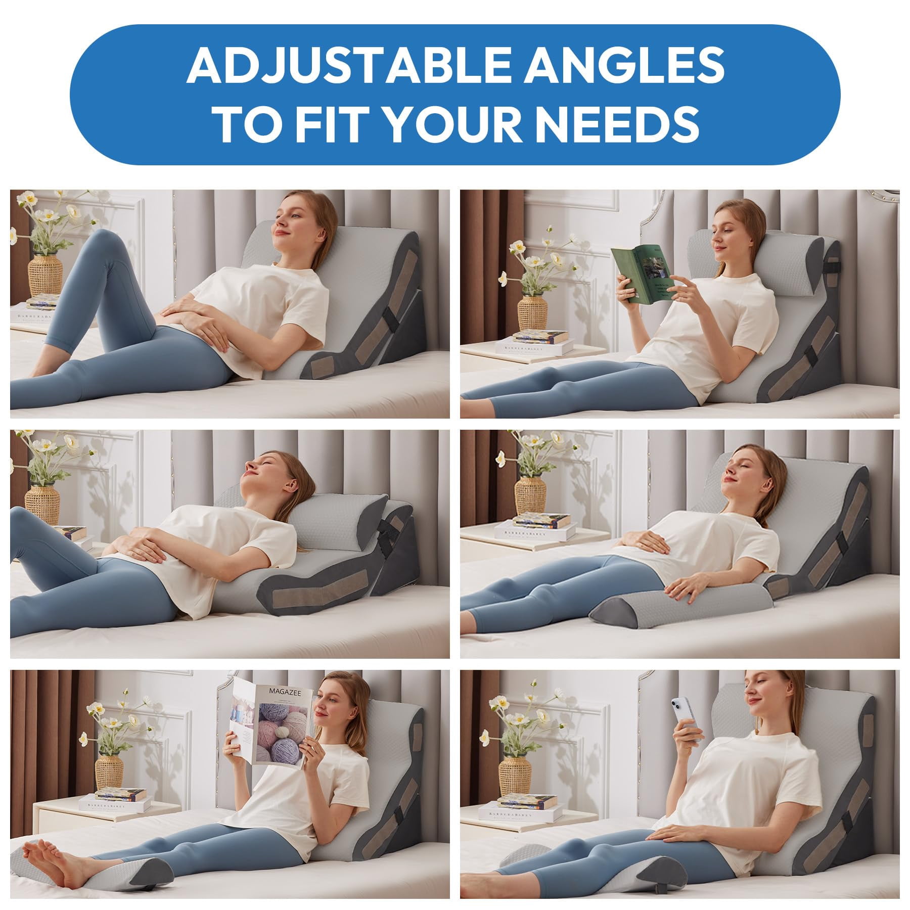 3pcs Wedge Pillow Set For After  Bed Sitting Up 10-in-1 Foam Acid Reflux & Grey