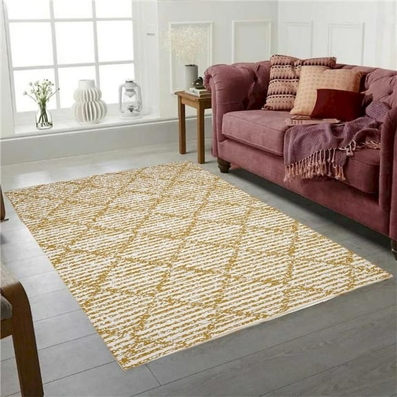6 x 9 ft. Ochre & White Diamond Pattern Indoor & Outdoor Reversible Plastic Rectangle Area Rug
