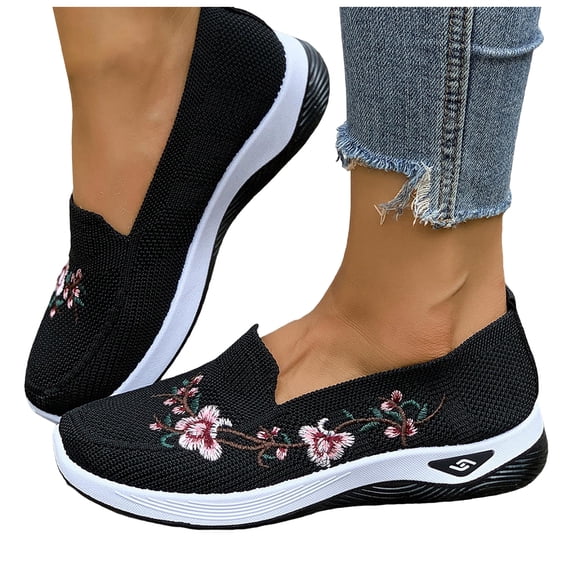 Loafers for Women Floral Embroidery Knit Msh Flat Walking Shoes Lightweight Casual Orthopedic Nursing Shoes Black Size 7.5
