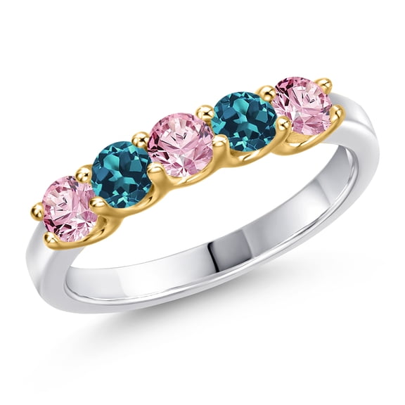 Gem Stone King 10K Two Tone Gold Pink Lab Grown Diamond and London Blue Topaz Wedding-Bands Ring for Women | 0.98 Cttw | Round 3.5MM | Gemstone April Birthstone | Size 6
