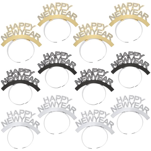 KAKOWELY 12 diademas con letras de Feliz Año Nuevo para el pelo, accesorios para fiestas infantiles (dorado, plateado y negro mixto)