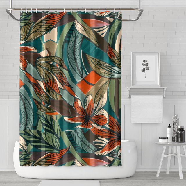 Rideaux de Douche Art Abstrait Rétro Floral Botanique (4) Doublures de Douche Réutilisables, Simple Rideau de Bain en Polyester, Ensemble de Rideaux de Douche avec Encliquetage, 72x72 Pouces