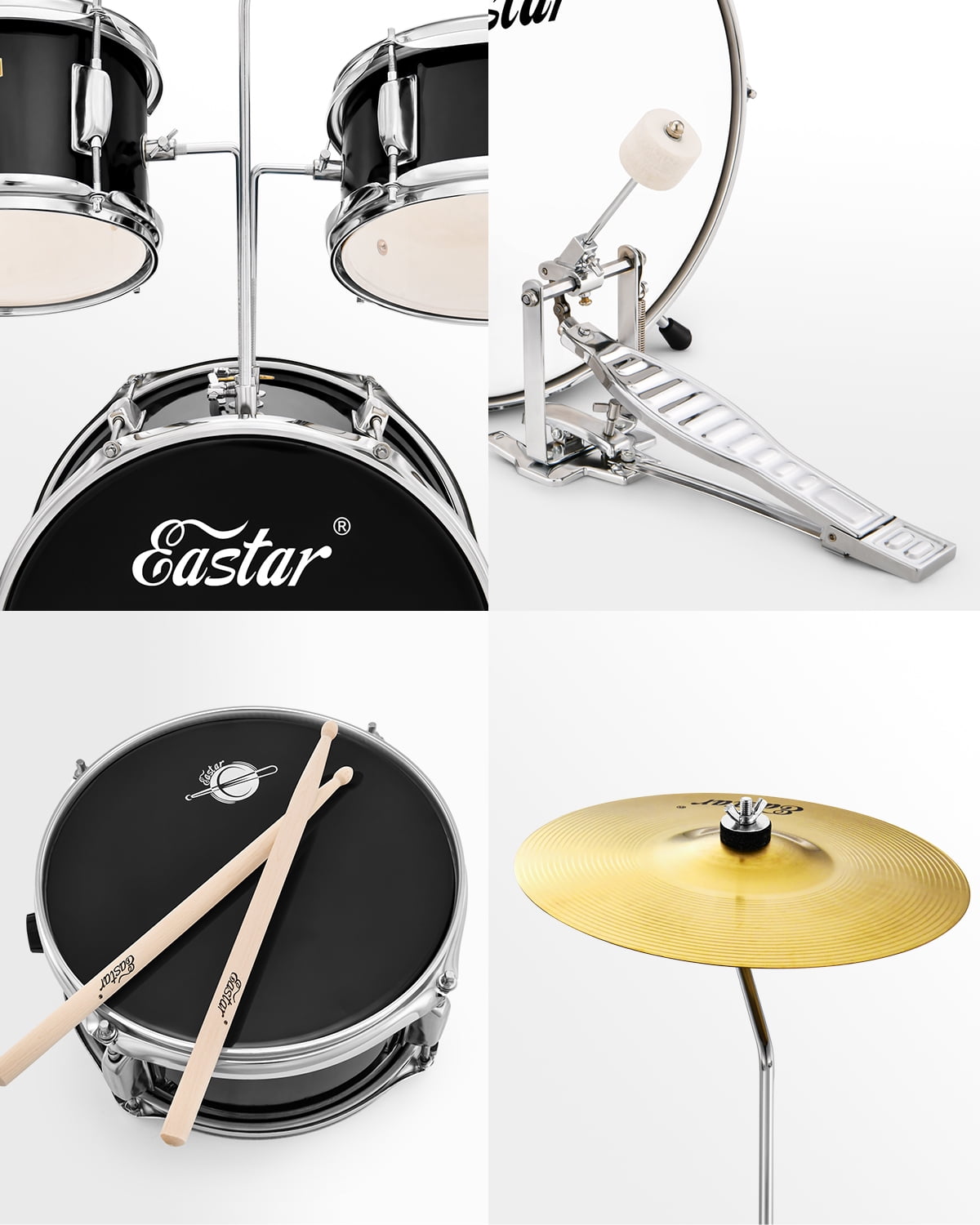 Eastar Beginners Drum Sets Colorful 14" Kids Drum Kit, Child Mini Percussion Instrument Toys, Drumming Stool Chair, Drumsticks, Mirror All Black