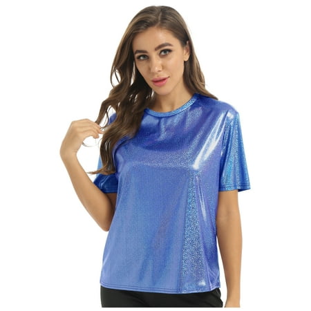 inhzoy Women s Shiny Metallic T Shirt Tank Tops Holographic Rave Festival Blouse Blue L